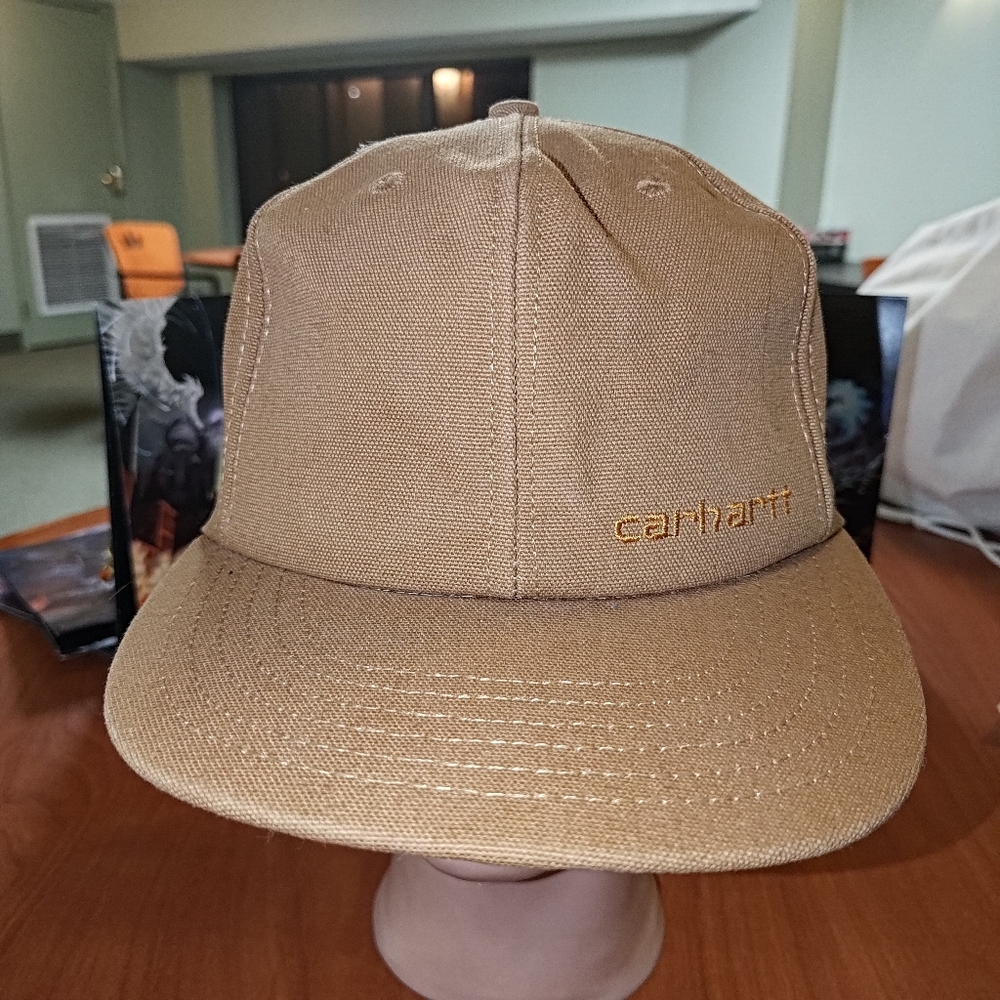 Vtg 80s Carhartt USA Classic Mini Spellout Brown Canvas Snapback Hat OSFA Tan